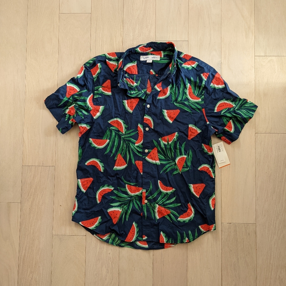Old Navy Watermelon button-up, size L, color: dark blue/red/green.